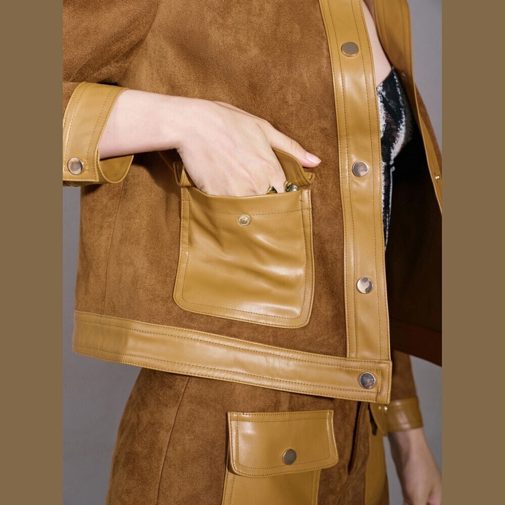 Camel Faux Suede Contrast Vegan Leather Trim Button Front Collared Jacket